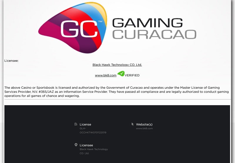 BK8 official license of gaming curacao